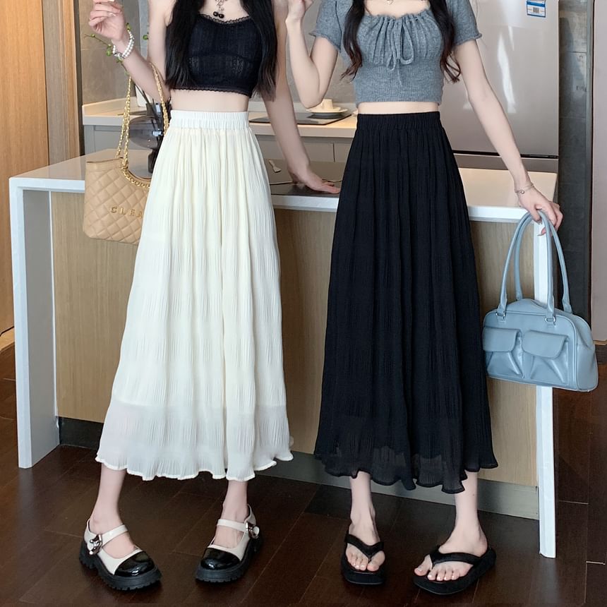 Plain Skirt A-Line Midi Waist Crinkle High