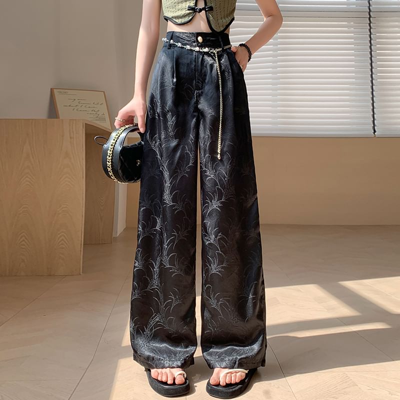 Waist Wide Satin Pants Leg Jacquard High