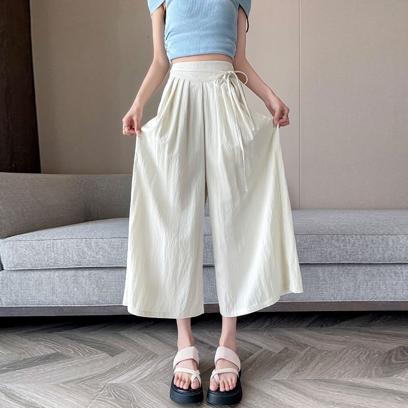 Plain Cropped Pleated Waist Culottes High