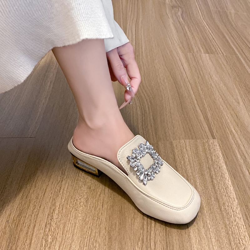 Faux Leather Rhinestone Accent Mules
