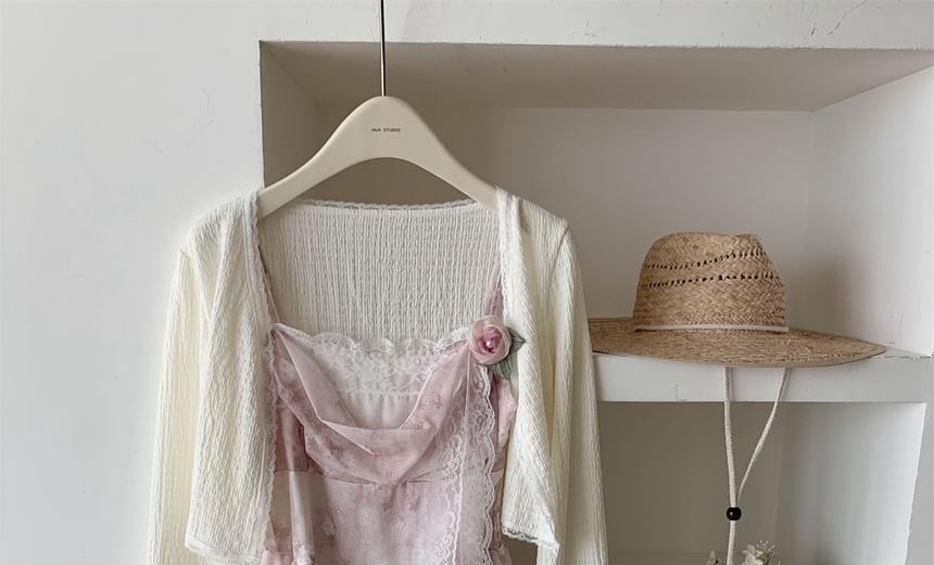 + A-Line Plain Floral Set: Mini Dress Strap Spaghetti Print Cardigan