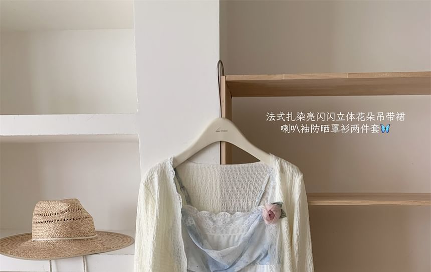 + A-Line Plain Floral Set: Mini Dress Strap Spaghetti Print Cardigan