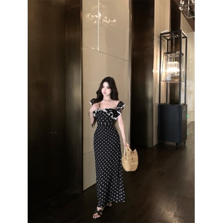 Square Neck Polka Dot Ruffle Trim Top Maxi A-Line Dress