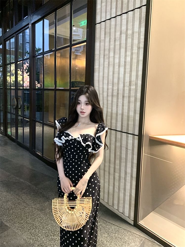 Slide Sandals Square Neck Polka Dot Ruffle Trim Top / Maxi A-Line Dress