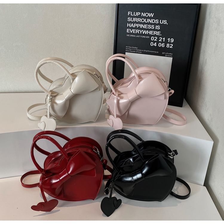 Faux Bag Leather Bow Handle Heart Top Crossbody