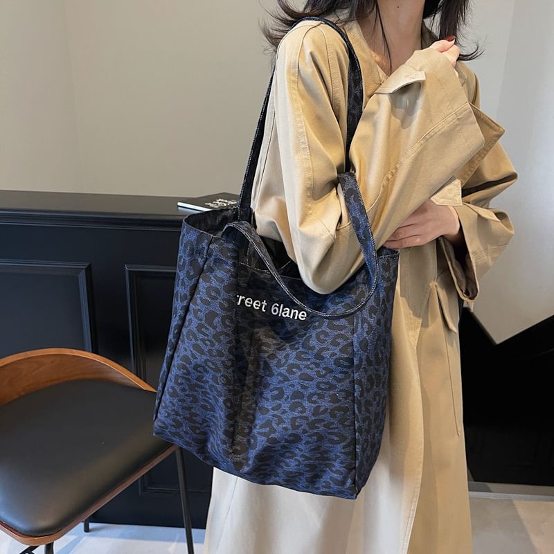 Denim Print Leopard Bag Tote