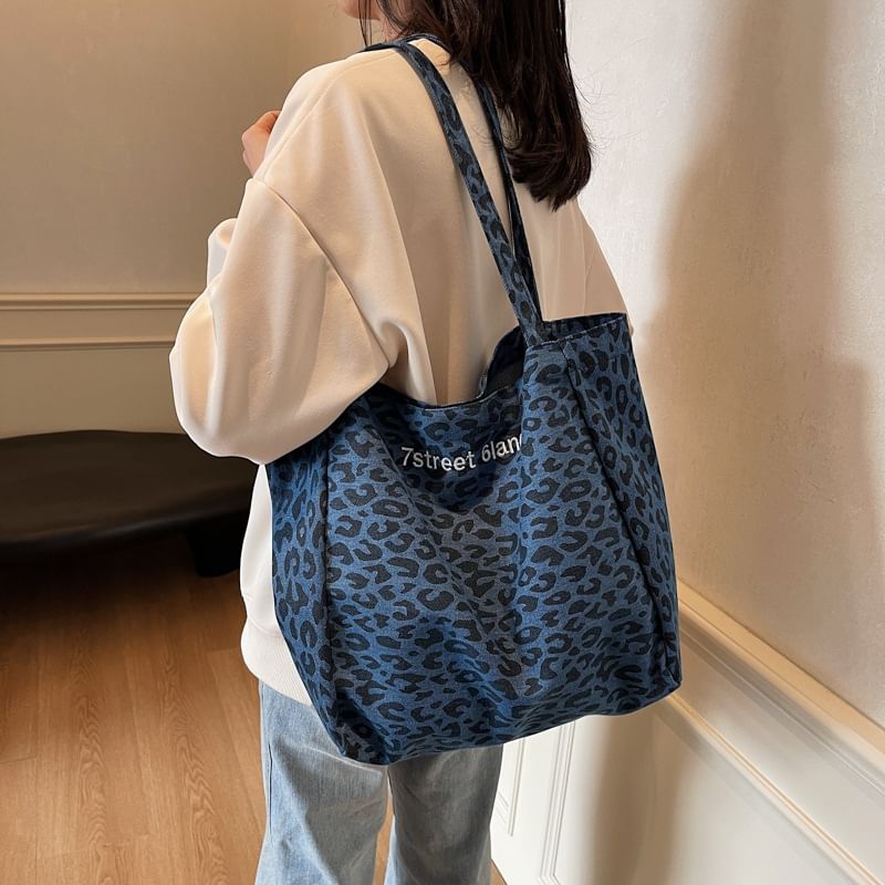 Denim Print Leopard Bag Tote