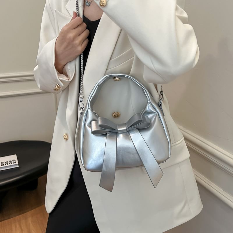 Faux Accent Crossbody Bag Bow Chain Leather Strap Plain