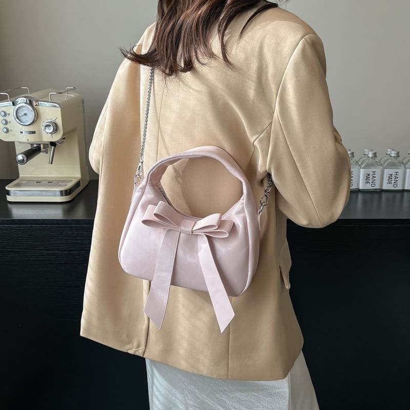 Faux Accent Crossbody Bag Bow Chain Leather Strap Plain