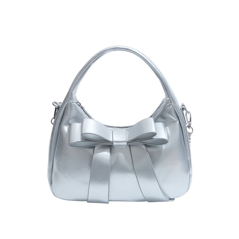 Faux Accent Crossbody Bag Bow Chain Leather Strap Plain