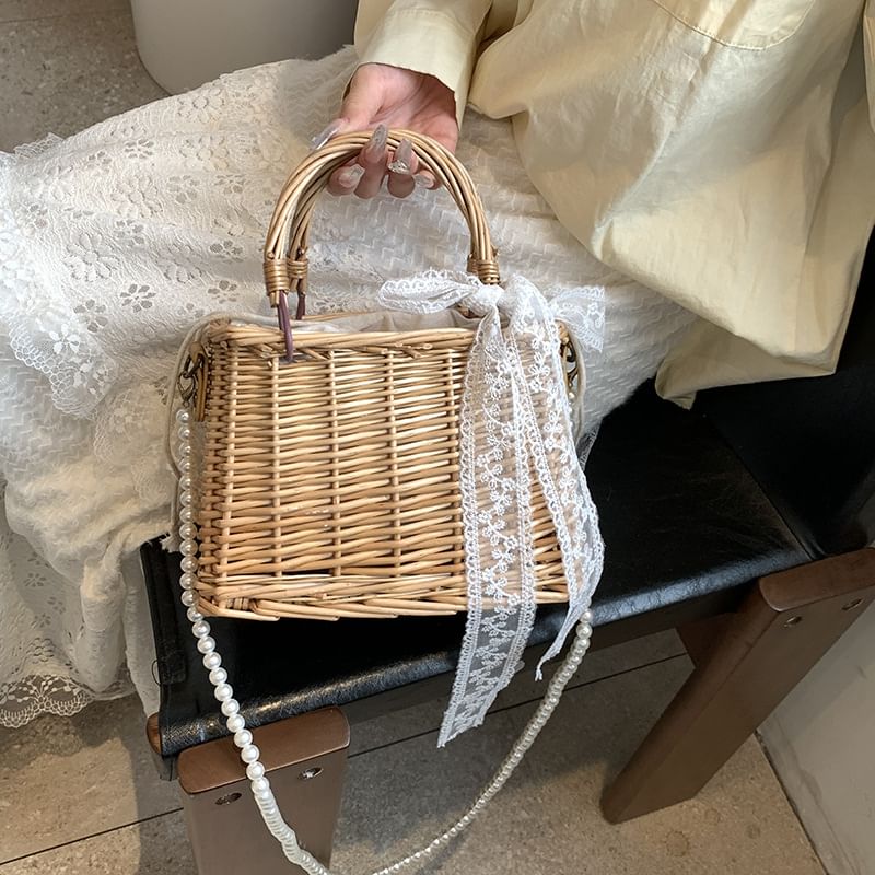 Strap Pearl Crossbody Straw Bag Faux Set: Drawstring Scarf +