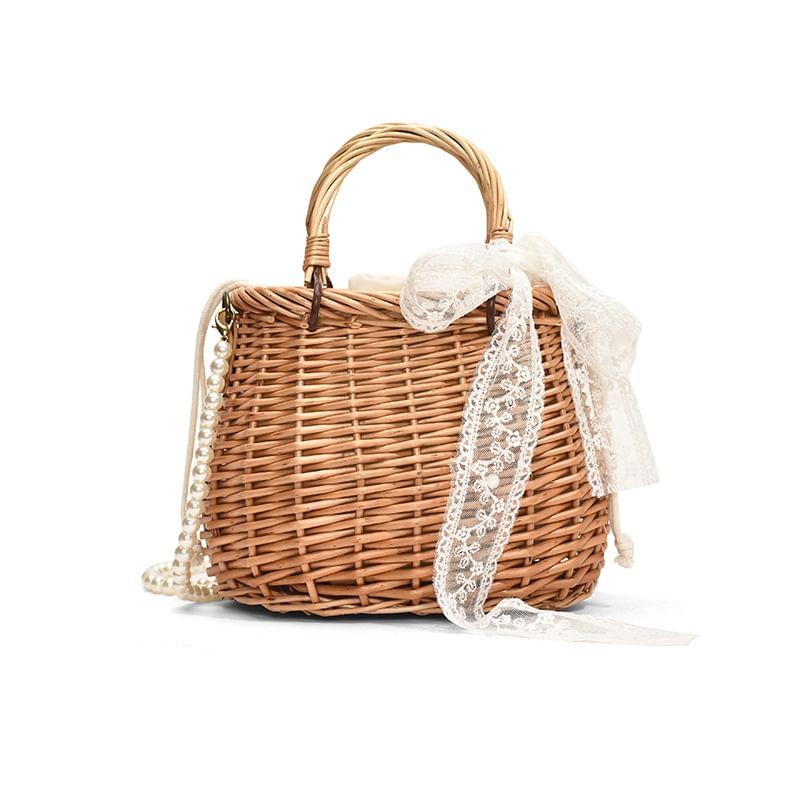 Strap Pearl Crossbody Straw Bag Faux Set: Drawstring Scarf +