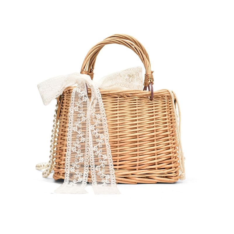 Strap Pearl Crossbody Straw Bag Faux Set: Drawstring Scarf +