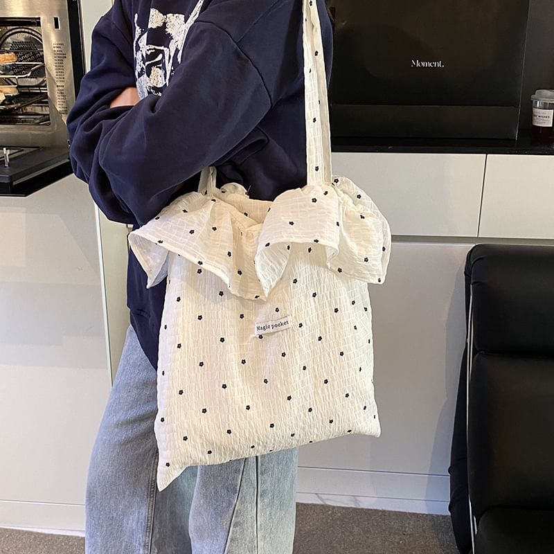 Tote Bag Embroidered Trim Floral Ruffle