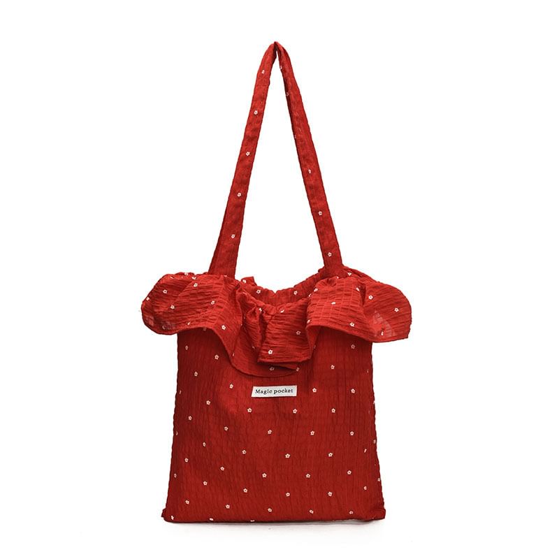 Tote Bag Embroidered Trim Floral Ruffle