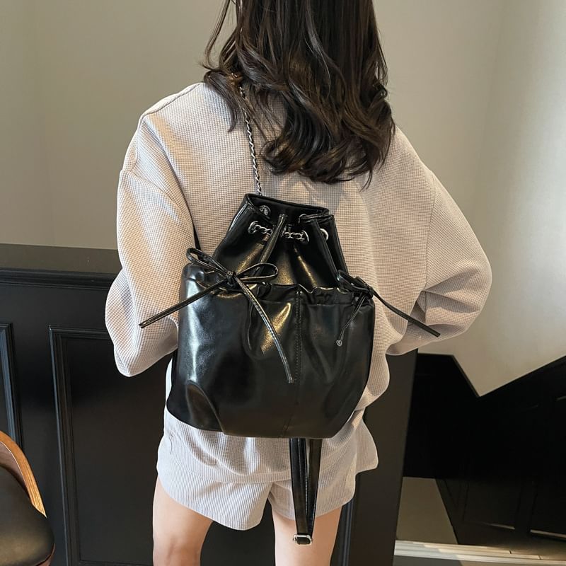 Drawstring Faux Leather Plain Backpack
