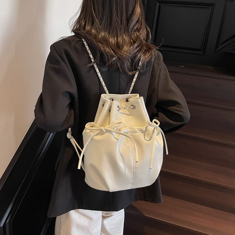 Drawstring Faux Leather Plain Backpack