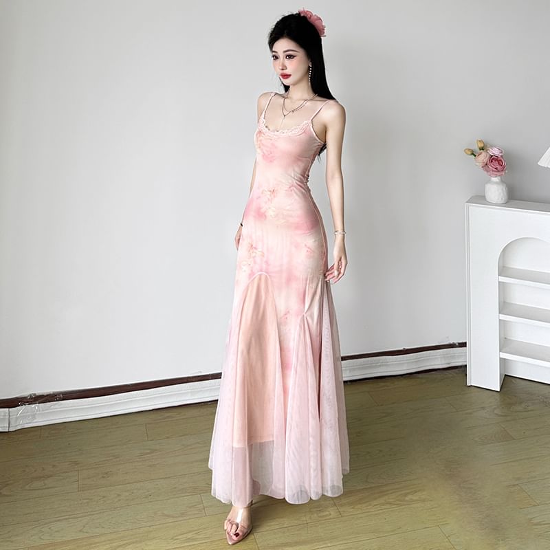 Spaghetti Strap Scoop Neck Tie Dye Lace Trim Mesh Maxi Mermaid
