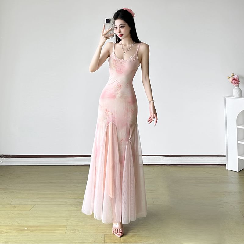 Spaghetti Strap Scoop Neck Tie Dye Lace Trim Mesh Maxi Mermaid