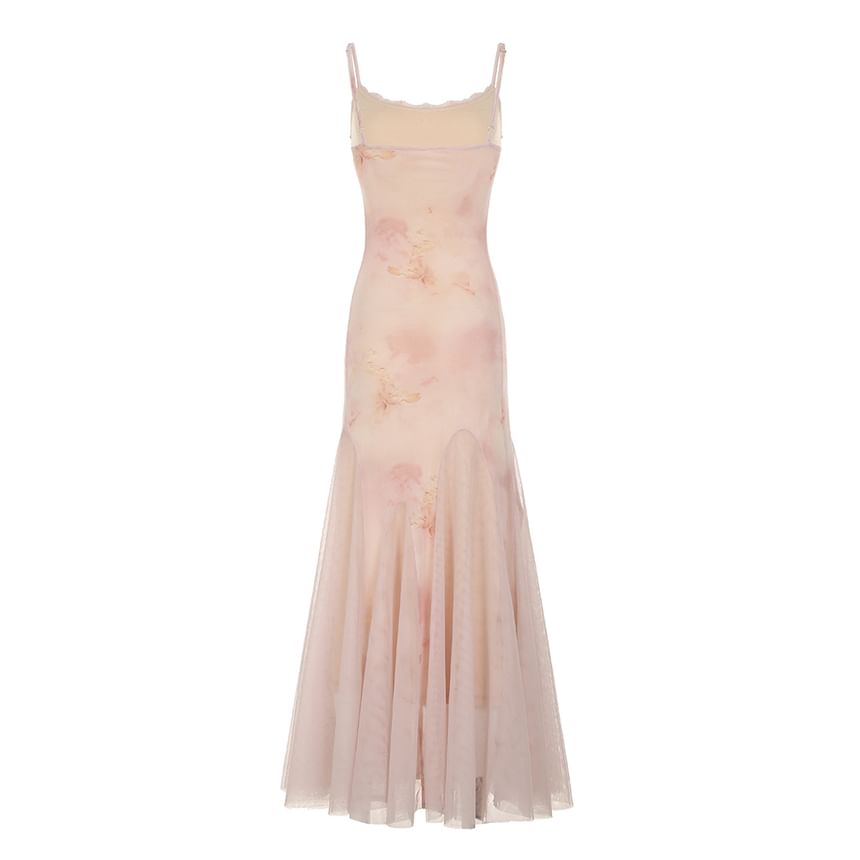 Lace Trim Mesh Maxi Mermaid Dress with Tie Dye Print and Scoop Neck