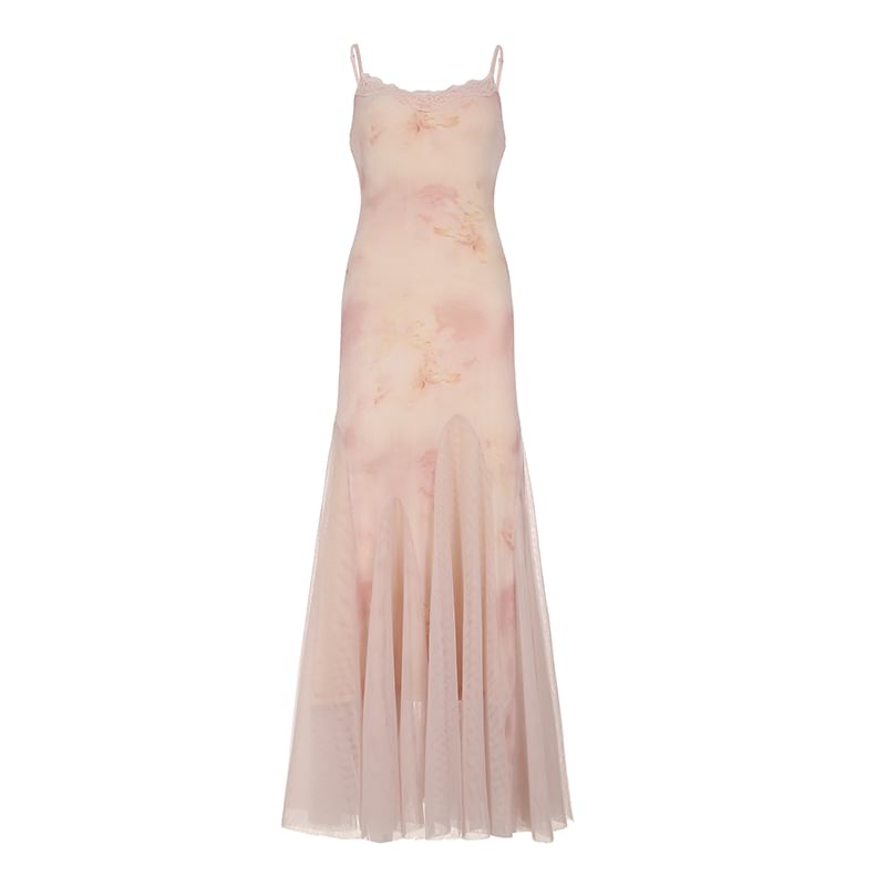 Lace Trim Mesh Maxi Mermaid Dress with Tie Dye Print and Scoop Neck