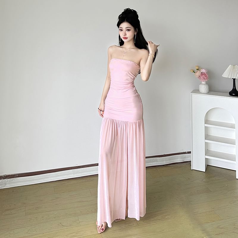 Strapless Plain Ruched Slit Mesh Maxi A-Line Dress