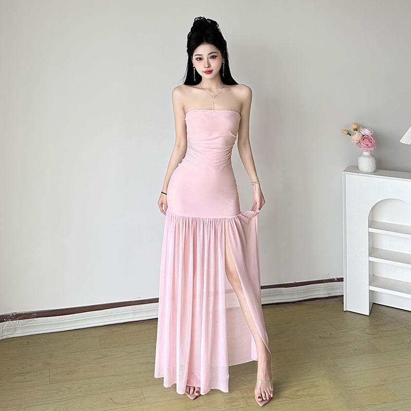 Strapless Plain Ruched Slit Mesh Maxi A-Line Dress