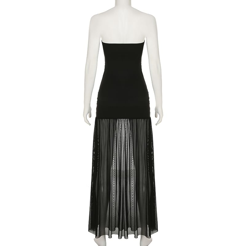 Strapless Plain Ruched Slit Mesh Maxi A-Line Dress