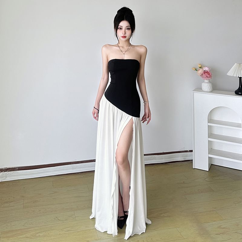 Strapless Two Tone Slit Maxi A-Line Dress