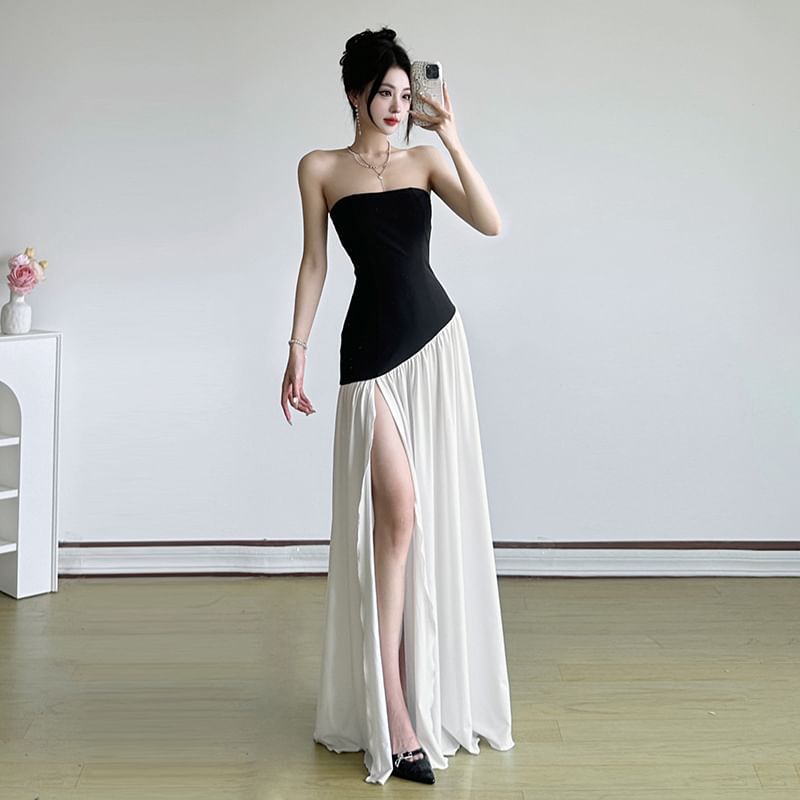 Strapless Two Tone Slit Maxi A-Line Dress