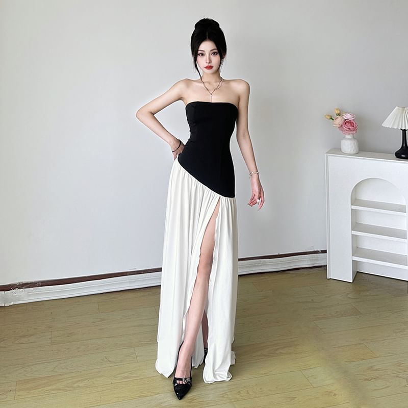 Strapless Two Tone Slit Maxi A-Line Dress
