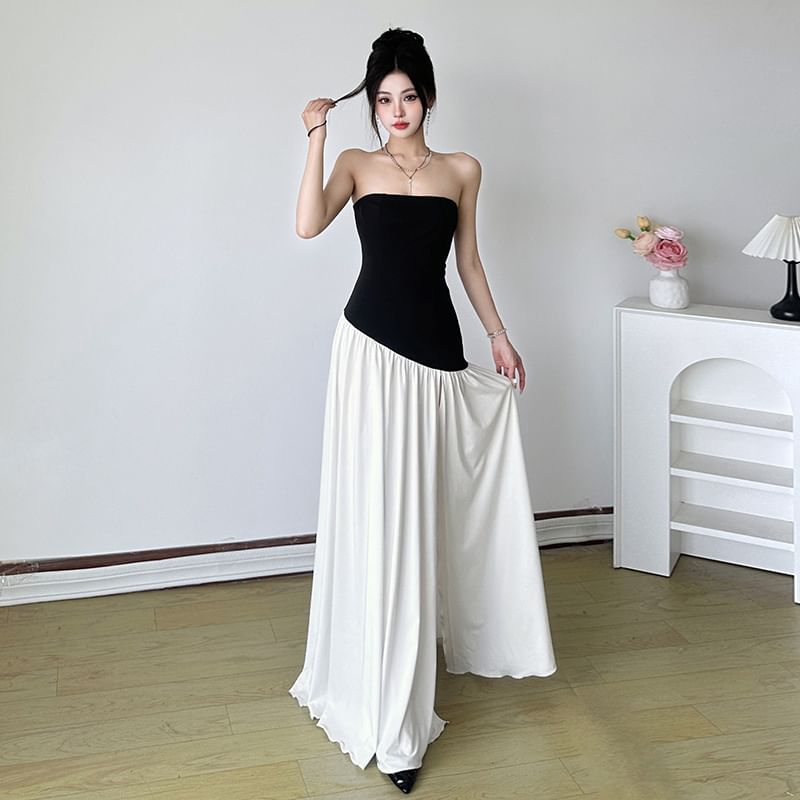 Strapless Two Tone Slit Maxi A-Line Dress