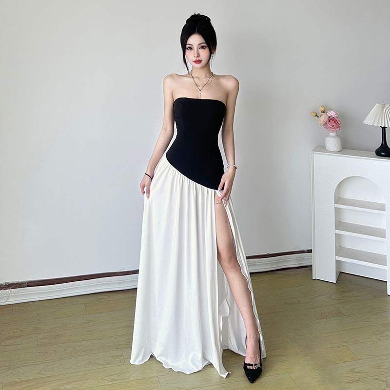 Strapless Two Tone Slit Maxi A-Line Dress