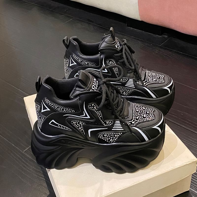 Leather Sneakers Wedge Faux Lace-Up Rhinestone Hidden