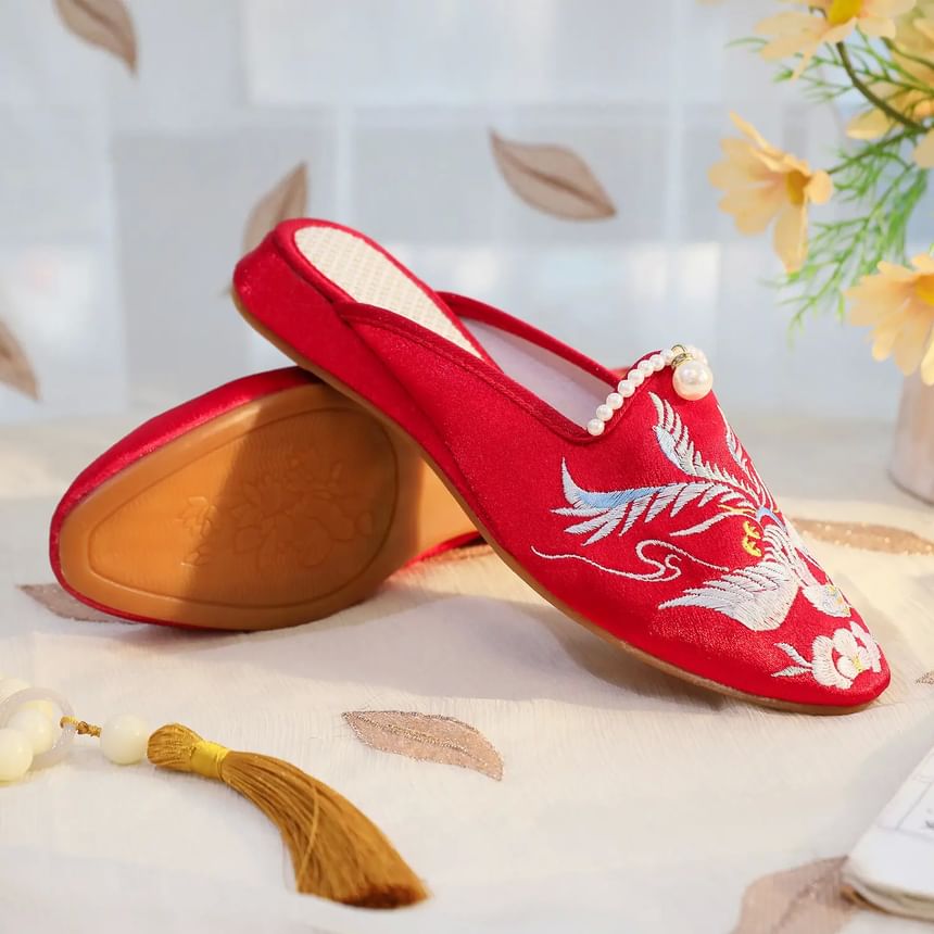 Mules Pearl Faux Embroidered