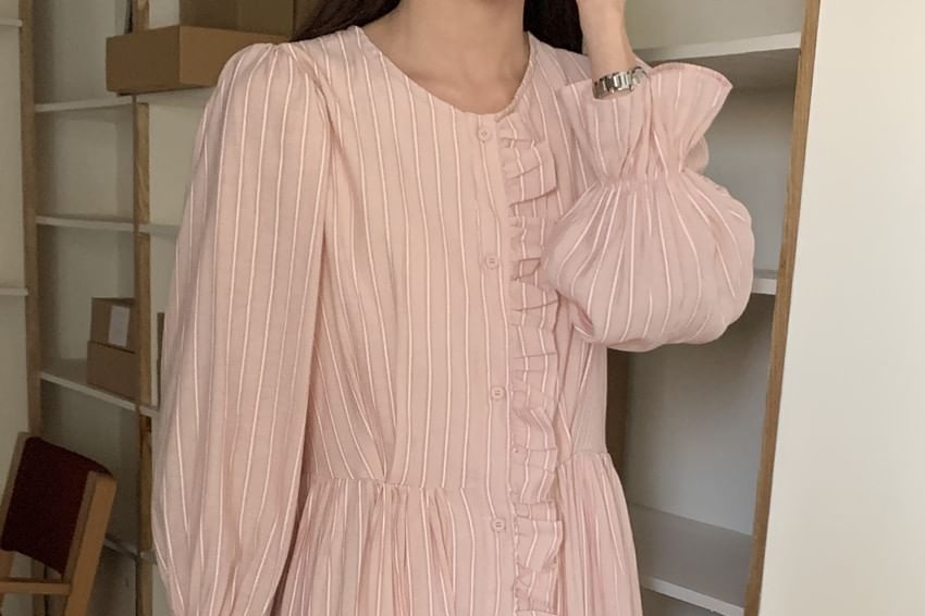 Puff Sleeve Striped Ruffle Maxi Smock Dress