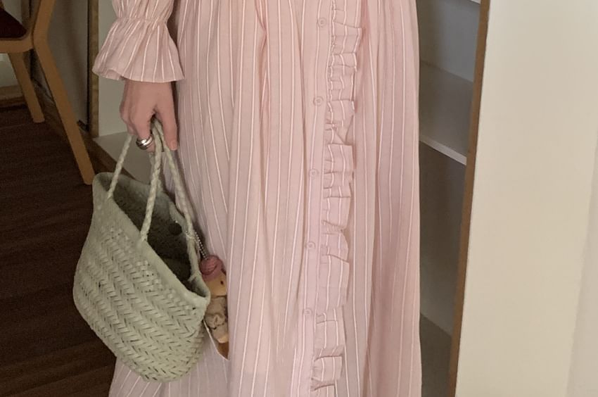 Puff Sleeve Striped Ruffle Maxi Smock Dress