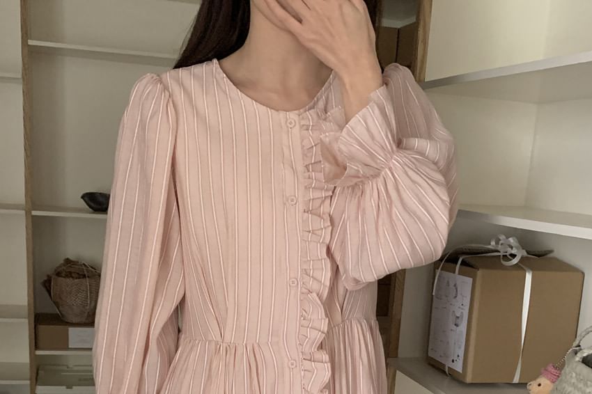 Puff Sleeve Striped Ruffle Maxi Smock Dress