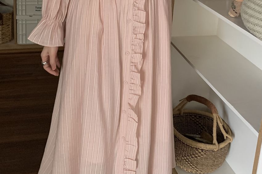 Puff Sleeve Striped Ruffle Maxi Smock Dress