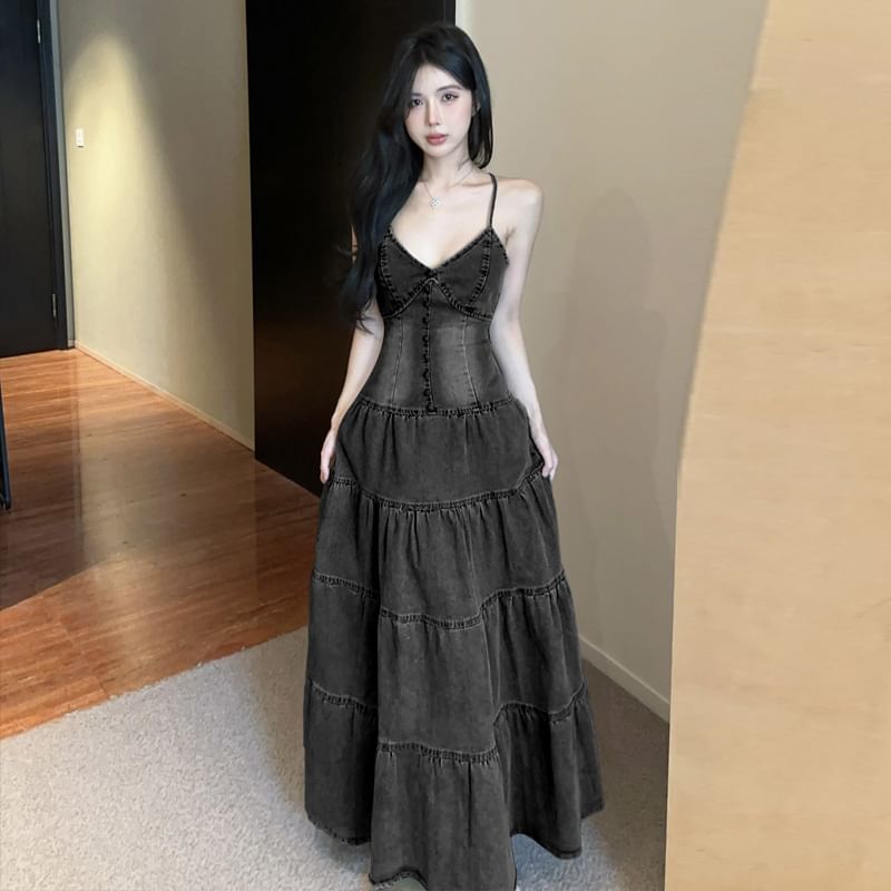 Spaghetti Strap V-Neck Washed Tiered Panel Maxi A-Line Denim