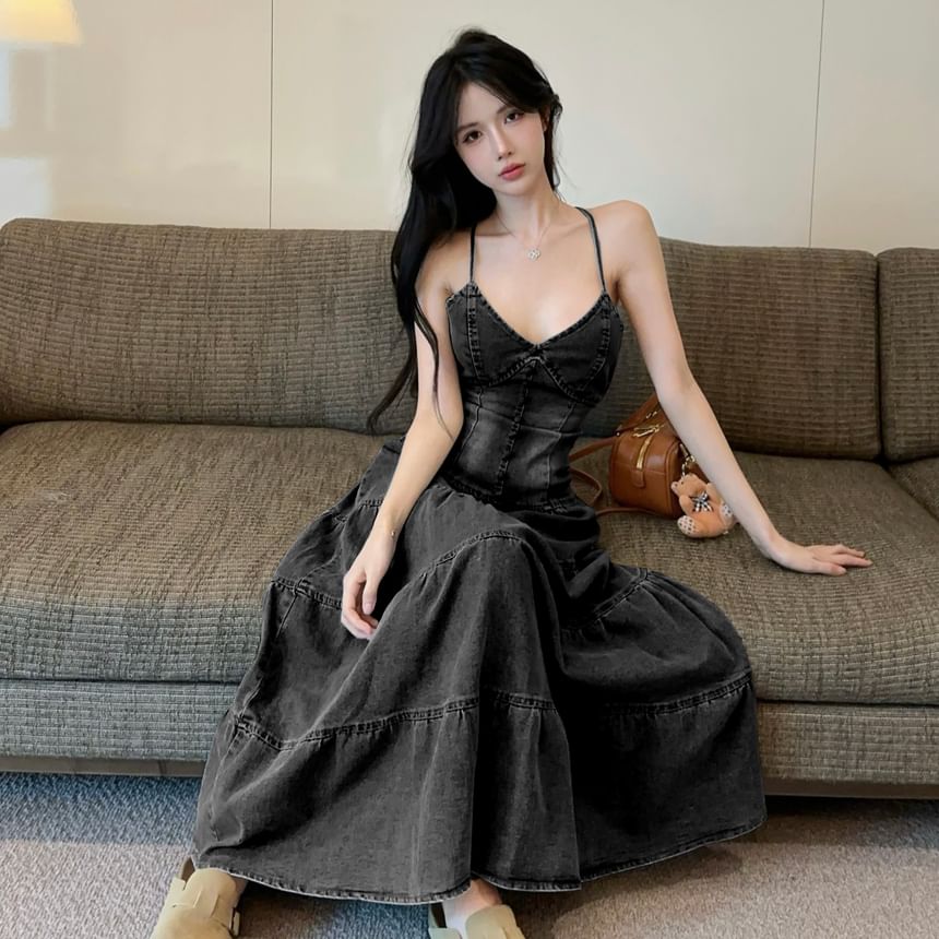 Spaghetti Strap V-Neck Washed Tiered Panel Maxi A-Line Denim