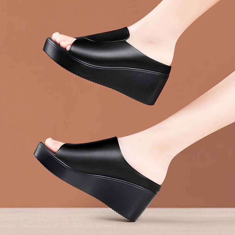 Platform Wedge Faux Leather Slide Sandals