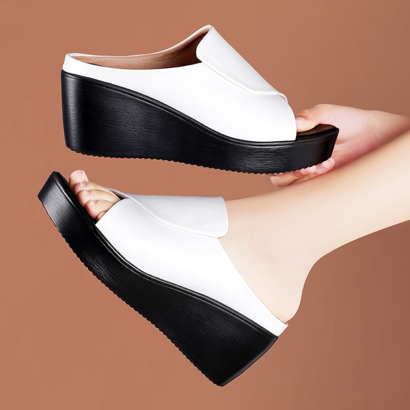 Platform Wedge Faux Leather Slide Sandals
