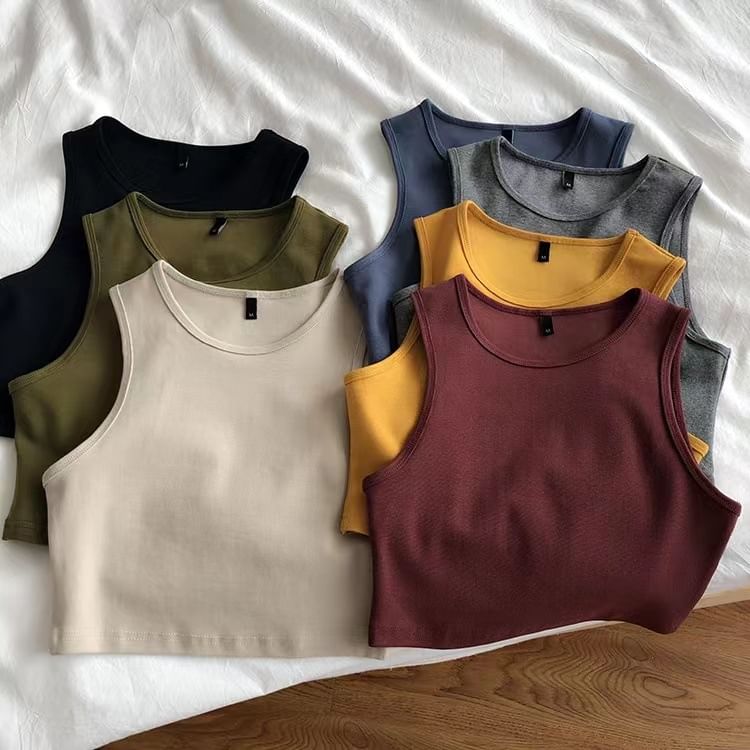 Crop Top Tank Plain Crew Neck