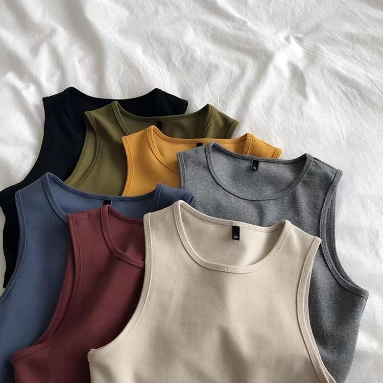 Crop Top Tank Plain Crew Neck