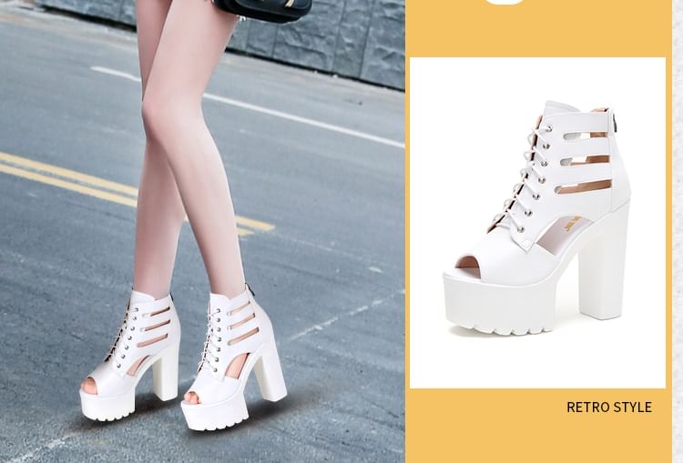 Peep Toe Lace-Up Platform Chunky Heel Gladiator Sandals