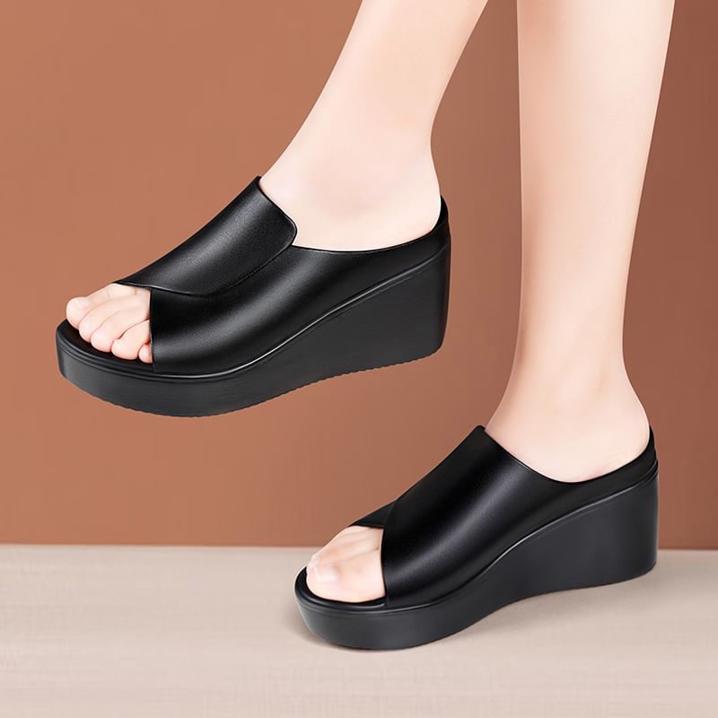 Plain Platform Wedge Heel Slide Sandals