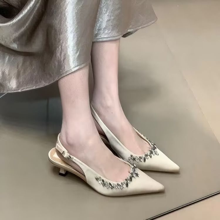 Rhinestone Slingback Heel Toe Stiletto Pointed Pumps