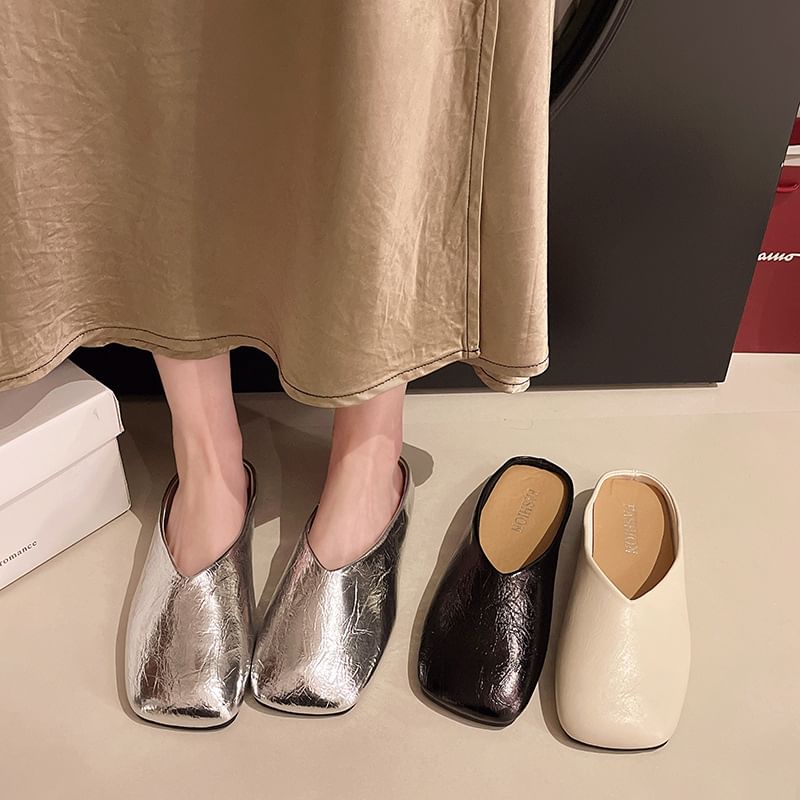 Toe Metallic Square Faux Mules Leather