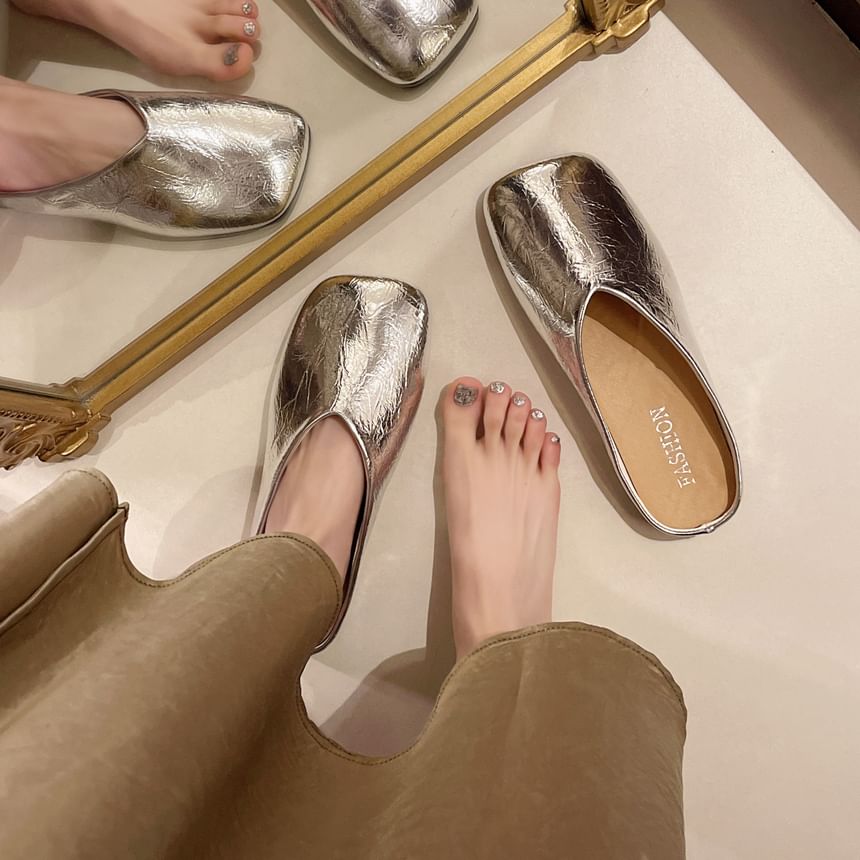 Toe Metallic Square Faux Mules Leather